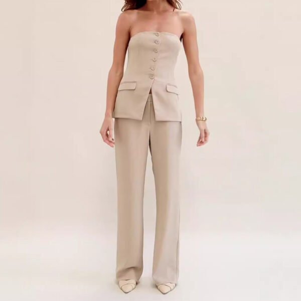 Women's Tube Top Pants Set – Sleeveless Button Top & Straight Leg Trousers - Image 4