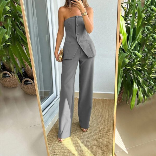 Women's Tube Top Pants Set – Sleeveless Button Top & Straight Leg Trousers - Image 3