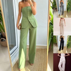 Women's Tube Top Pants Set – Sleeveless Button Top & Straight Leg Trousers